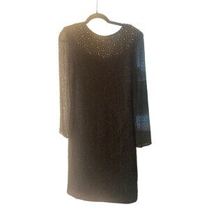Beaded Drama Black Dress Lined V-Back Long Sleeves Beaded Embellishment Size 8